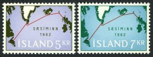 Iceland 350-351, MNH. Michel 366-367. Submarine Telephone Cable, Map, 1962.