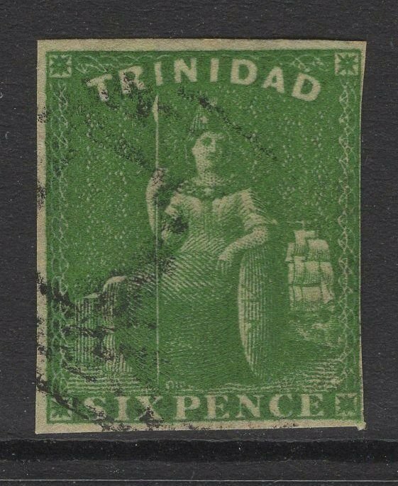 TRINIDAD SG28 1859 6d DEEP GREEN USED 3 MARGIN