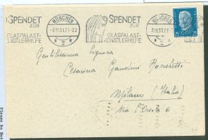 Germany 377 Cover to Italy w/SC: donate to Glasspalace artist aid