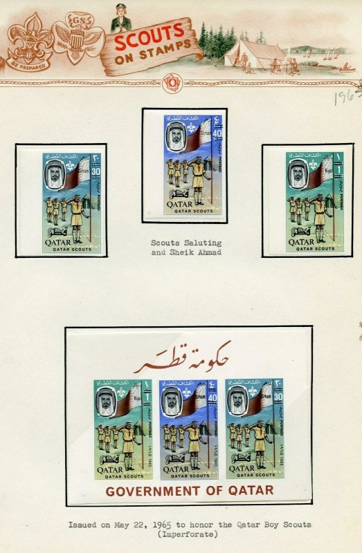 QATAR SCOUT IMPERFORATE SCOTT#53/60 SET AND TWO SOUVENIR SHEETS MINT HINGED & NH