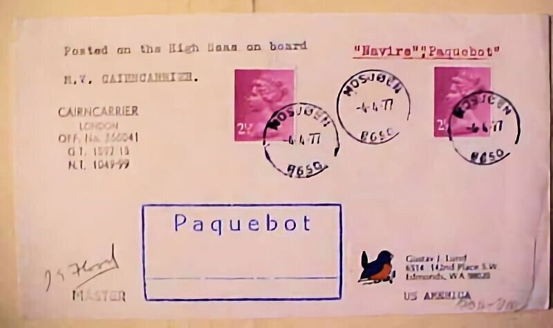 GREAT BRITAIN USED IN NORWAY UNLISTED PAQUEBOT 1977 MOSJOEN AUTOGRAPH OF MASTER