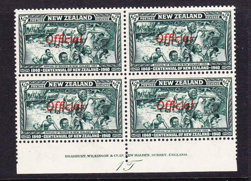 NEW ZEALAND  1940  1/2d  CENTENNIAL OFFICIAL  PLATE BLK 4 #1T  MNH  