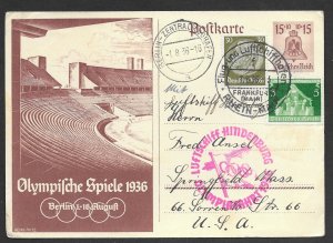 Germany Semi-postal Card Olympics 1936 Hindenburg  (1)  VF Used