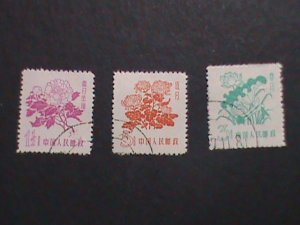 ​CHINA-1958-SC#389-91-R10 PEONEY-LOTUS & CHRYSANTHEMUM FLOWERS- USED VERY FINE