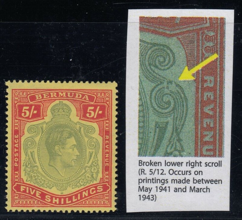 Bermuda, SG 118de, MHR Broken Lower Right Scroll variety