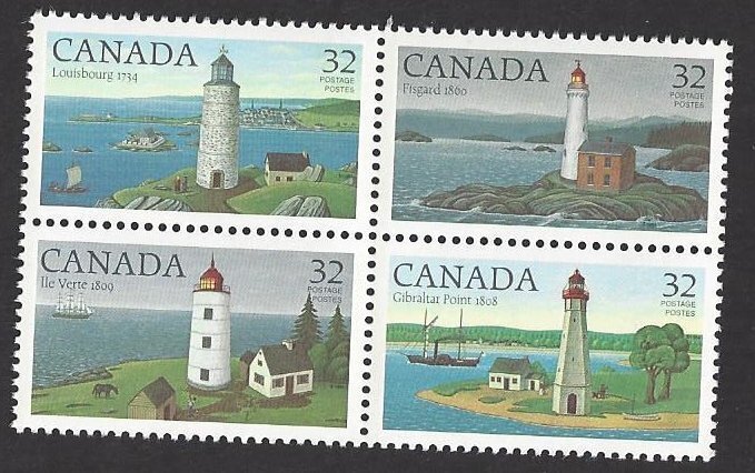 Canada #1035a MNH block of four, lighthouses, issued 1984