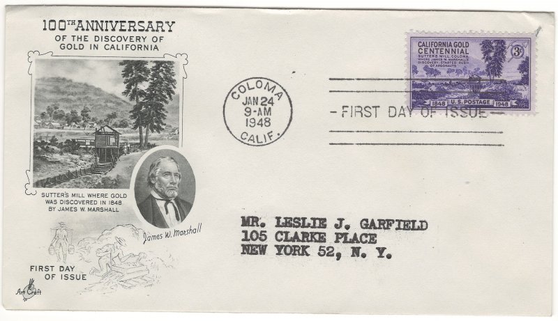 #954 – 1948 3c California Gold Rush Centennial FDC - Art Craft