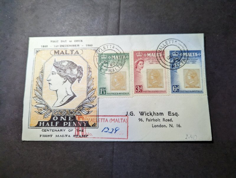 1960 Registered Malta First Day Cover FDC Valletta to London England