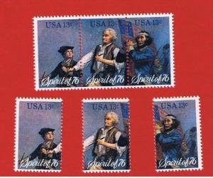 #1629-31 MNH OG strip of 3 & singles Bicentennial  Se-tenant Free S/H