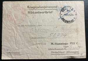 1942 Beograd Serbia To Germany Stalag 8C POW Prisoner of War Letter Sheet Cover