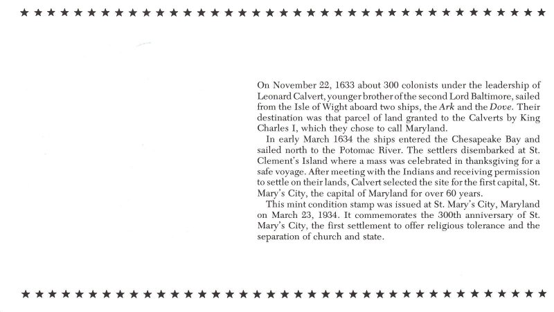 THE HISTORY OF THE U.S. IN MINT STAMPS COLONIZATION OF MARYLAND