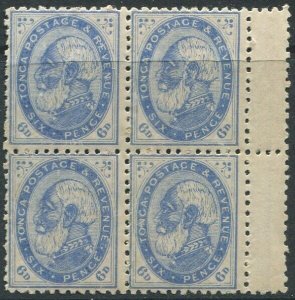 Tonga 1886 SG3a 6d blue King George I p12½x11½ block of 4 MNH