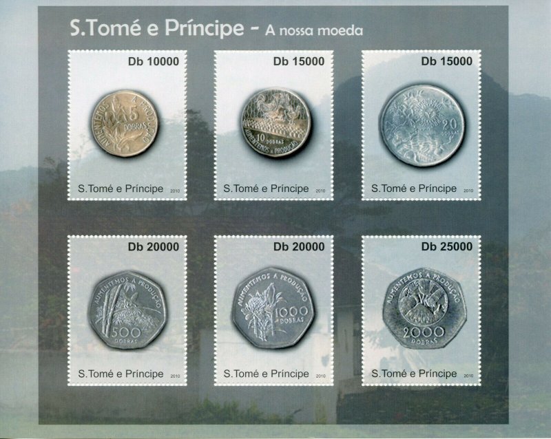 Sao Tome & Principe Coins on Stamps 2010 MNH Currency Numismatics 6v M/S