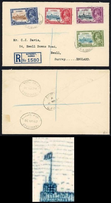 Gambia SG143b 1935 Silver Jubilee 1 1/2d Short Extra Flagstaff on Cover