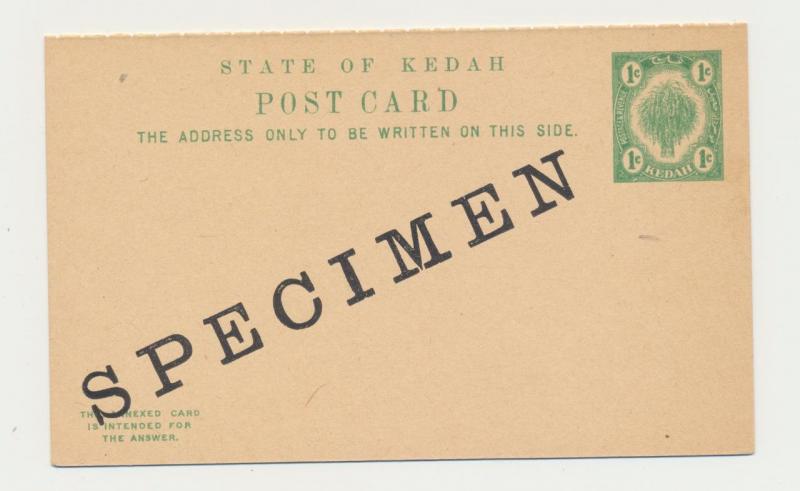 MALAYA -KEDAH 1912, 1c SPECIMEN REPLY PAID CARD,UNUSED H&G3 (SEE BELOW