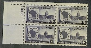 957 Wisconsin Statehood MNH Plate Block UL