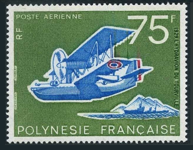 Fr Polynesia C113,MNH.M 193. Tahitian Aviation,50,1975.Tourville hydroplane.