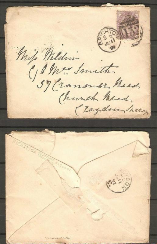 Great Britain 1891 Postal History Rare Victoria Cover BRIGHTON     D.235