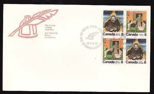 Canada-Sc#695-6-stamps on FDC-block of 4-Canadian Authors-1976-