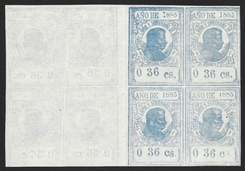 Mexico Revenue 1885 State Issues Morelos 0 36cs. Block PRINTED BOTH SIDES #M300-