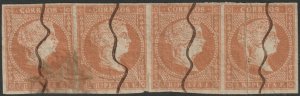 Cuba 1855 Sc 4 strip of 4 used pen cancels large crease on right