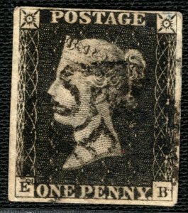 GB PENNY BLACK SG.2 1d EB Used *Brighton Maltese Cross* RARE Special MX XRED67 