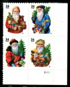 2001 Christmas Santa Plate Block of 4 34c Postage Stamps, Sc# 3536-3540, MNH, OG