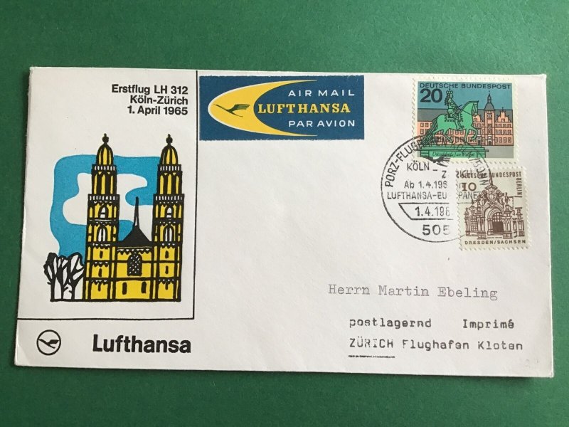 Germany Koln Zurich 1965 Air Mail Flight Stamp Cover R45198