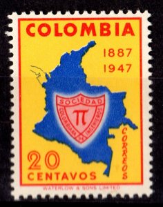 Colombia 1951 Sc#594 MAP AND BADGE COLOMBIAN ENGINEERS SOCIETY Single MNH