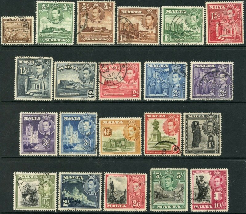 MALTA Sc#191-205 SG217-231 1938-43 KGVI Pictorials Complete Set Used