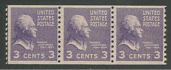 US Cat #842, Jefferson - Strip of 3, MNH*-