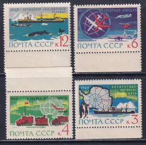 Russia 1963 Sc 2779-82 Antarctica Map Penguin Whale Ship Airplanes Stamp MNH