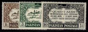 PAKISTAN GVI SG52-54, 1949 Mohammed Ali Jinnah set, M MINT. Cat £12.