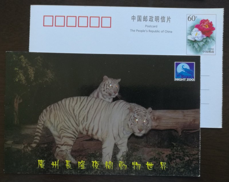 Bengal White Tiger,China 2001 guangzhou changlong night zoo pre-stamped card