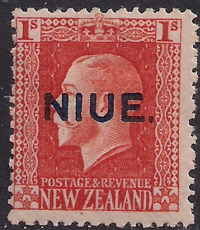 Niue 1917 - 21 KGV 1/-d Vermilion MM NZ Ovpt 14 x 14 1/2 SG 31a ( L299 )