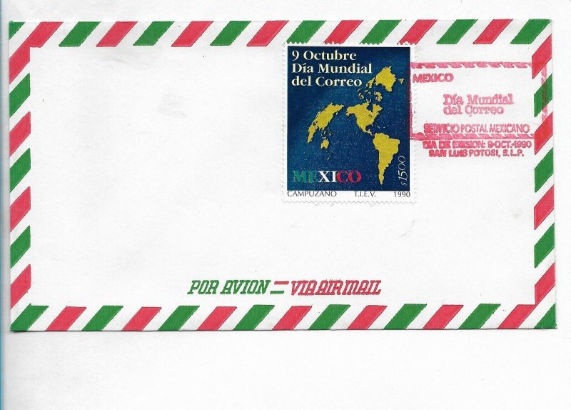 MEXICO 1990 WORLD MAIL DAY MAPS COMMUNICATIONS FIRST DAY COVER FDC