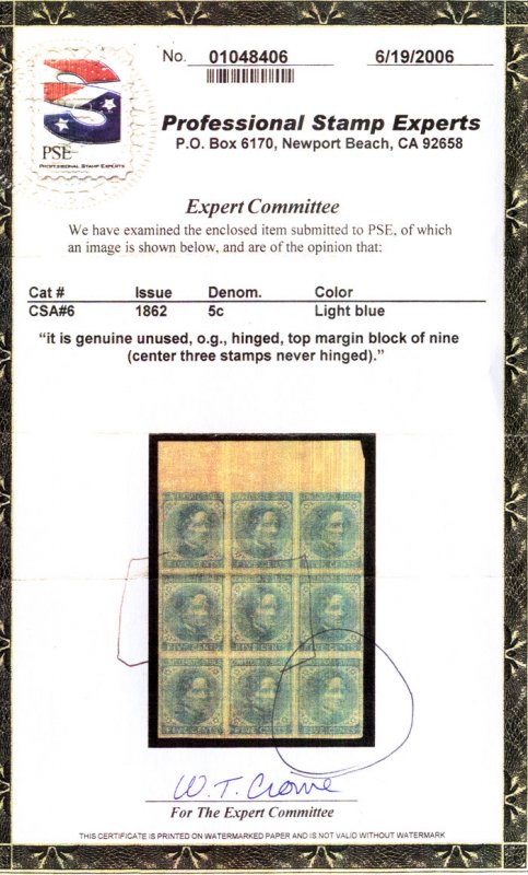 US #CONFED US US #6   PSE CERT, SUPERB mint hinged four nice margins,  bottom...