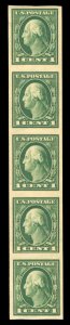 United States, 1904-9 #343 Cat$49+, 1908 1c green, vertical strip of five, ne...