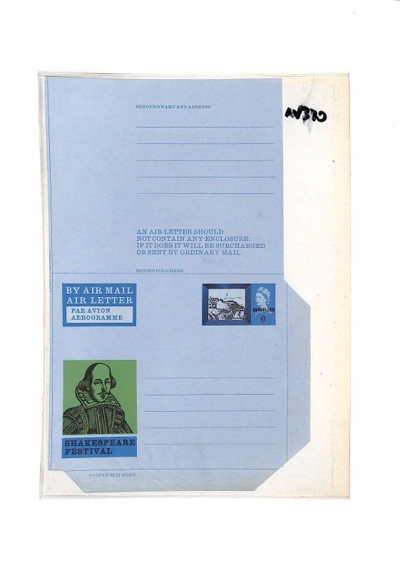 AV370 QEII GB Air letter SHAKESPEARE Illustrated Postal Stationery CANCELLED 