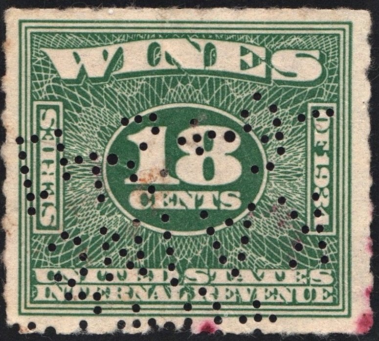 RE98 18¢ Wine Revenue Stamp (1934) Perfin
