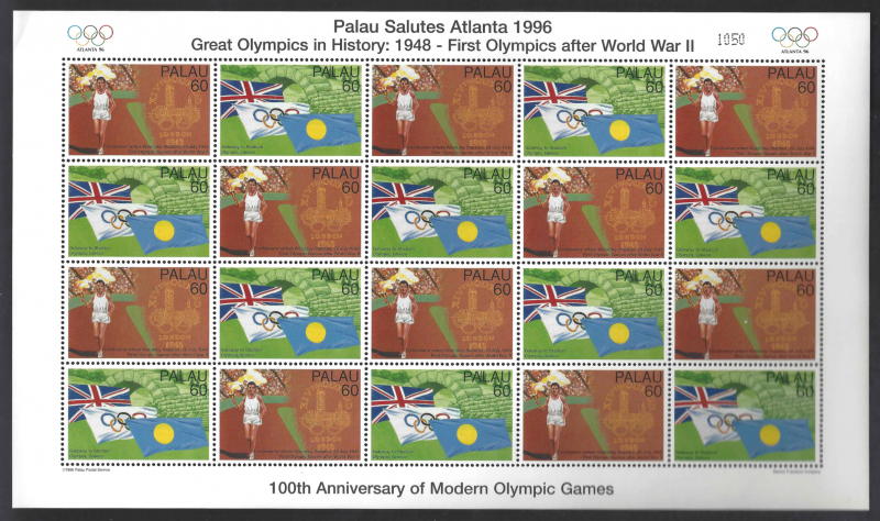 Palau 400a Cent Olympics Atlanta - GB/WWII Flags/Torch MNH MS CV$30 1996