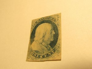 US Stamps, Scott #7, 1c Blue - Type II - Franklin - Used - 1851, A Relief Plate2