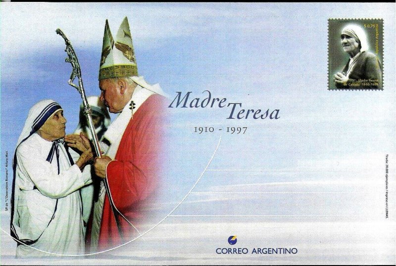 PS-123 ARGENTINA 1998 P STATIONARY RELIGION MOTHER THERESA POPE J.PAUL II UNUSED