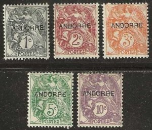 French Andorra 1-5, mint, hinge remnants, several shallow thins. 1931.  (A987)