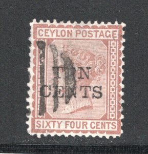 Ceylon #104     VF, Used, 10 cent on 64 cent, CV $240.00 .....  1290079