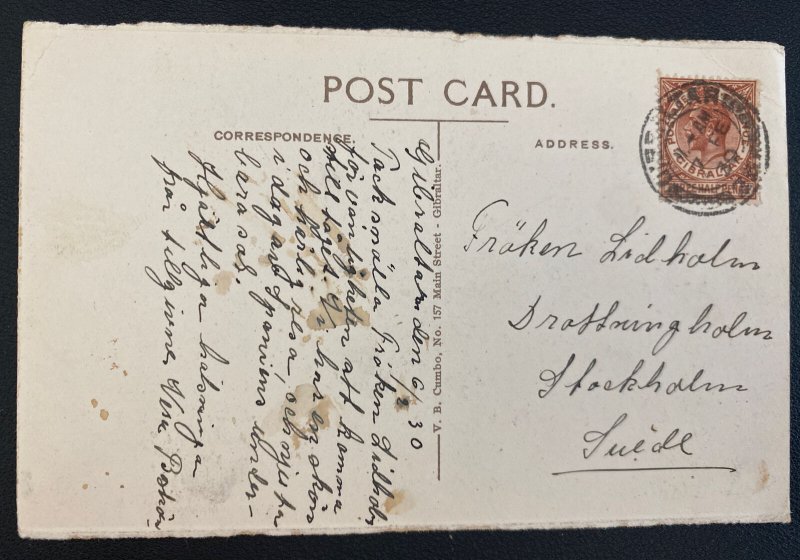 1930 Gibraltar RPPC Postcard Cover To Stockholm Sweden Cross Of Sacrifice