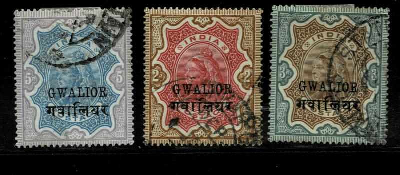  INDIA  GWALIOR - 1885-97 - SG NO 35 TO 37 FINE USED 