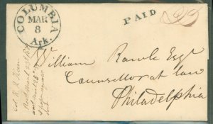 US  Columbia, Arkansas 8 March 1839 Stampless to Philadelphia, PA Black CDS, black paid hdstmp, ms 25 due earliest reported Co