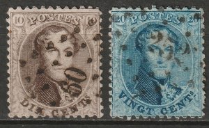 Belgium 1863 Sc 14c-15c used perf 12.5x13.5