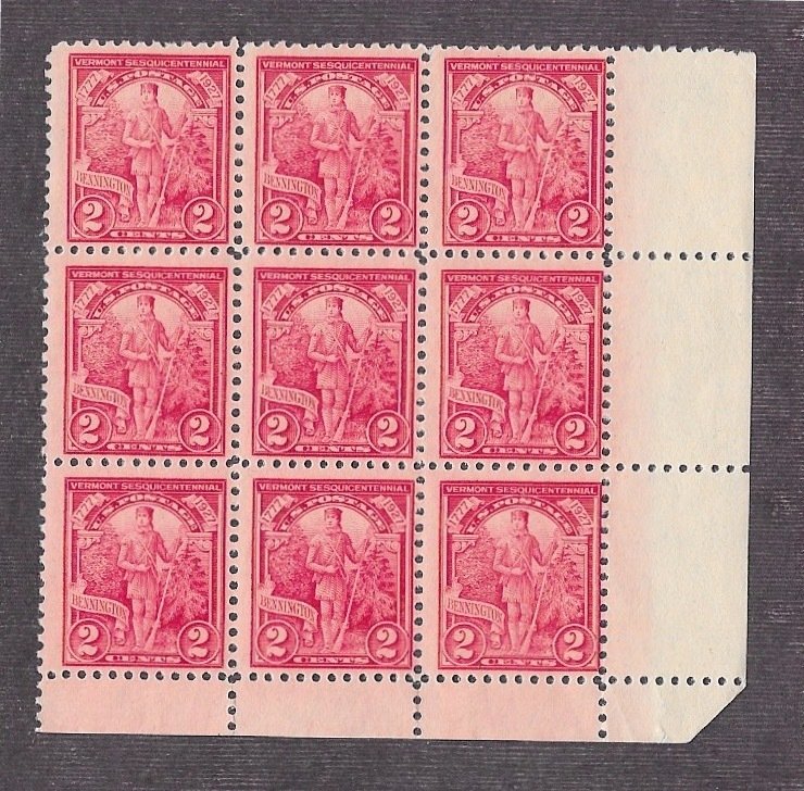 643 MNH 2c. Vermont Sesq. Corner Block of 9